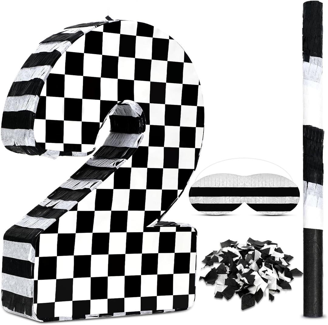 Lewtemi Race Car Number Piata Small Checkered Race Car Birthday Party Decoration Black and White Racing Piata with Stick Confetti Eye Mask for Celebration 15.3 x 10.6 x 2.8 Inch(Number 2)