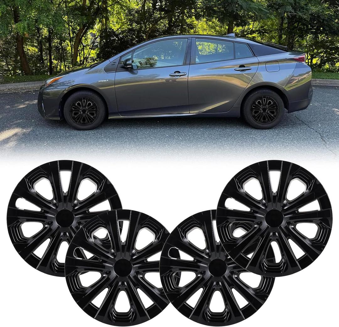 15inch Hubcaps Wheel Covers for 2016-2022 Toyota Prius & 17-22 Prius Prime & 2020-2024 Corolla Hybrid, ABS+PC Plastic Snap-on 15'' Hubcap Replacement Set of 4 Glossy Black OEM#42611-47441