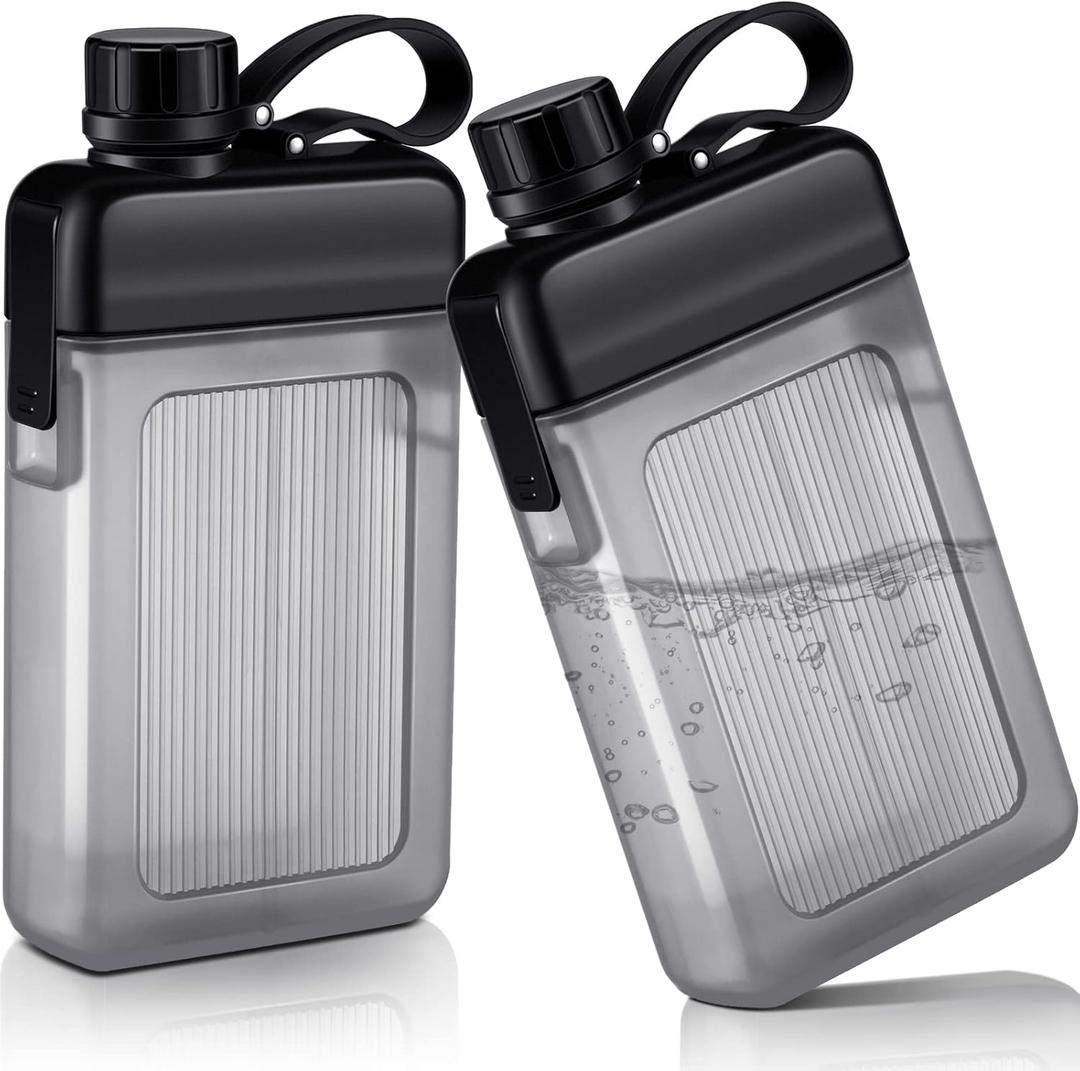 Honeydak 2 Pcs Flat Water Bottle 13oz Plastic Flask for Liquor Slim Square Bottles Portable Travel Mug Pocket Flask for Outdoor Sports (Black)