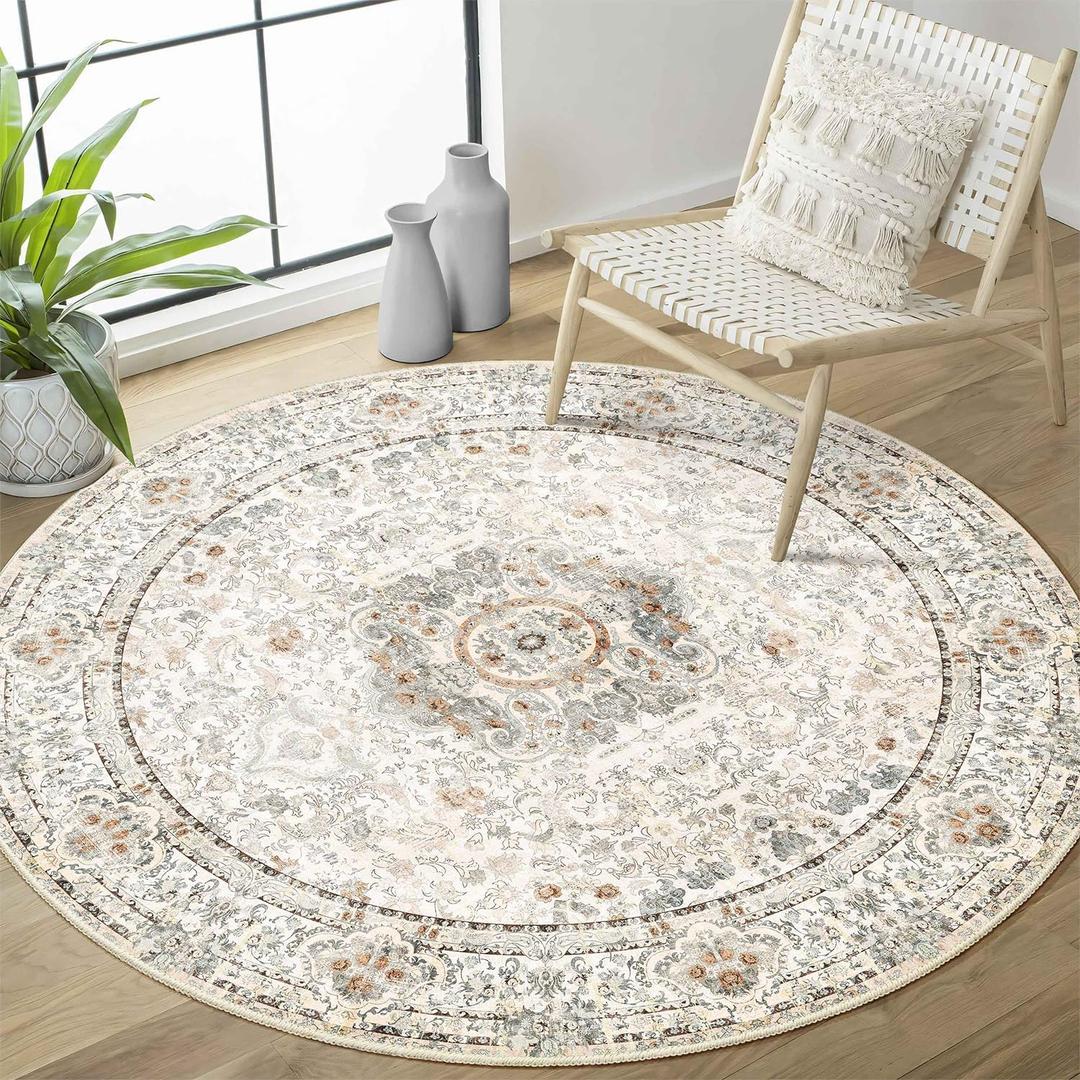 Boho Round Rug 4ft, Washable Circle Area Rugs for Bedroom Bathroom Entryway, Beige Vintage Bohemian Distressed Oriental Floral Carpet Non Slip
