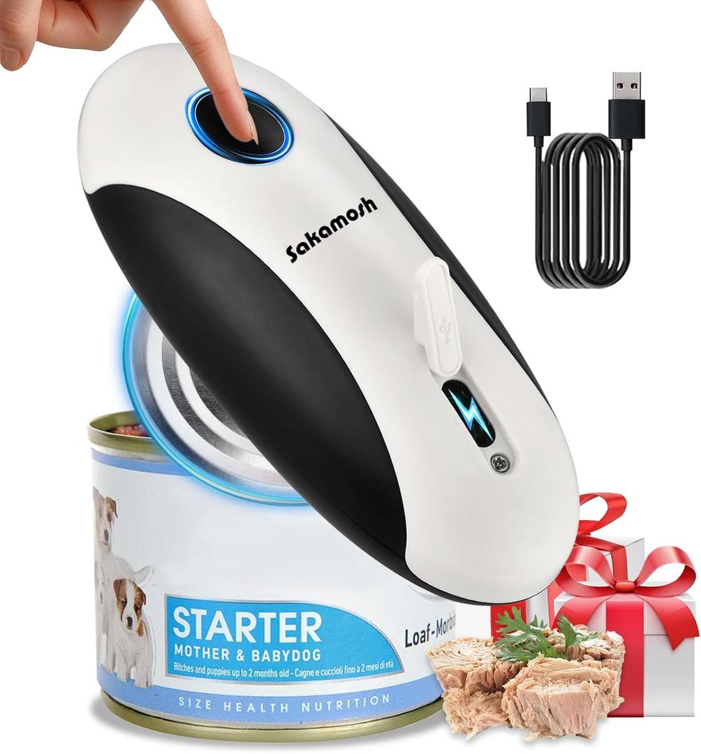 Rechargeable Electric Can Opener for Seniors, Hands Free Safety Automatic Can Opener with Smooth Edge for Left Handed and Arthritic Users, Fits Most Kitchen Cans and the Ideal Gift (Black/White)