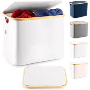 LONBET Laundry Basket with Lid, Made from Breathable Fabric | Aesthetic Clothes Hampers for Laundry with Side Handles & Sturdy Bamboo Frame (13 Gallons - Box, Light Gray)