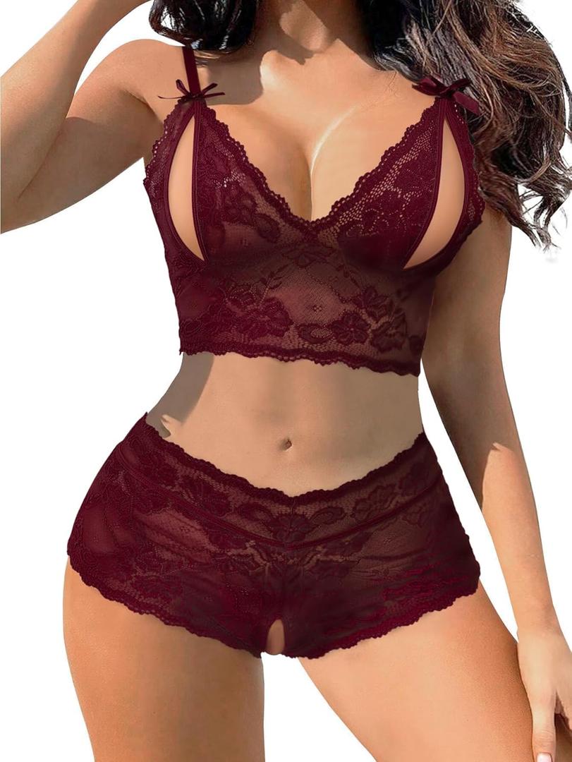 Lilosy Sexy Cupless Crotchless Women Floral Lace Pajamas Lingerie Set High Waist Nightwear Sleepwear Bra Panty 2 Piece (Cupless Wine Red), Size: L
