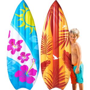 2 Pcs 60" Luau Inflatable Surfboard Hawaiian Theme Beach Pool Float Summer Tropical Blow up Pool Board Blue and Orange Surfboard for Adults Kids Beach Hawaiian Party Decor, 2 Styles