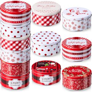 Yaomiao 12 Pack Christmas Cookie Tins with Lids for Gift Giving Small Xmas Tin Containers Round Metal Christmas Tins Empty Cookie Jar for Gift Giving Holiday Party Favors (Vivid Style)