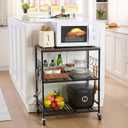 Rolling Kitchen Microwave Cart, 3 Tier Microwave Stand with Storage, Small Kitchen Island on Wheels, Wood and Mental Kitchen Shelf Rack, Black Organizer for Living Room, Office, Balcony