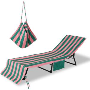 Beach Lounge Chair Towel Cover,Soft Microfiber Chaise Lounge Towel Cover Patio Pool Chairs Cover with Side Pockets,80" x 26" Chair Cover for Beach/Pool Sunbathing (Green and Pink Stripe)