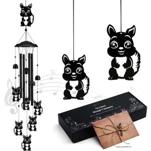Gabzart Squirrel Wind Chimes for Outside/Indoors, Squirrel Gifts for Women Mom Grandma, Aluminum Tubes Windchimes S Hook, 37" Wind Chime Hanging Decor for Home Patio Garden Porch Yard (Black-Squirrel)