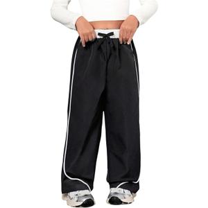 Verdusa Girl's Striped Pants Drawstring High Waisted Straight Leg Loose Trousers (Black)
