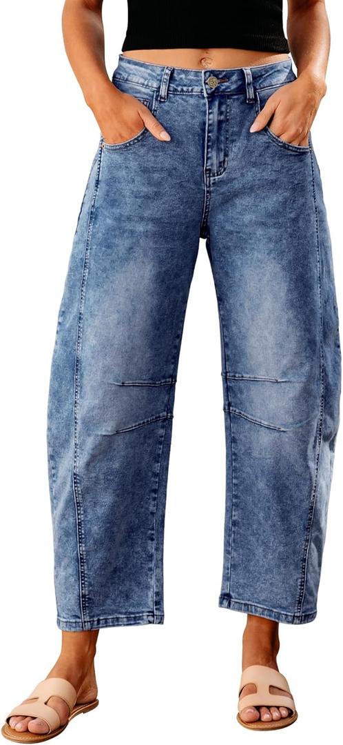 GRAPENT Barrel Jeans for Women Trendy High Waisted Wide Leg Baggy Cropped Relax Fit Stretch Denim Trouser Ankle Pants (Small, Midnight Blue)