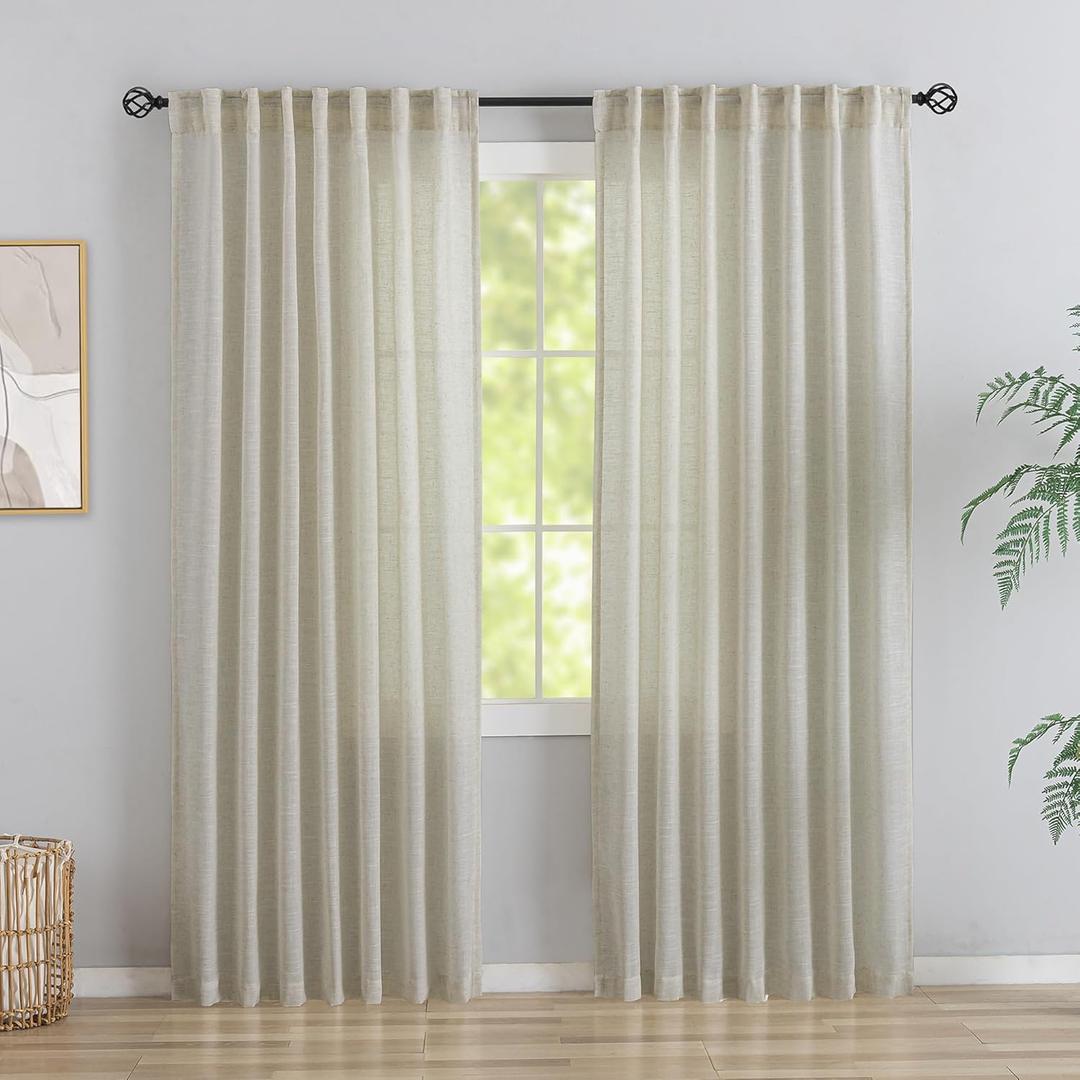 94 Inch Length Curtains Burlap Linen Back Tab Hook Belt Loops Privacy Semi Sheer Living Room Curtains,2 Panels Beige Modern Cottage Vintage Style Light Filtering Window Treatment Curtain Panels