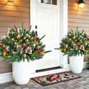 Set of 2 Outdoor Christmas Tree Urn Fillers, Battery Operated Pre-lit Planter Fillers with Lights, Artificial Xmas Trees with Cones & Red Berries for Porch Yard Holiday Decor
