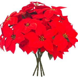 5 Artificial Poinsettia Flowers Bouquet Christmas 7 Heads 19.6Faux Red Poinsettia Bush Fake Flowers for Home Porch Xmas Tree Garden Indoor Outdoor Office Christmas Decorations