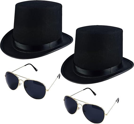 Puyawen 2 Pcs Felt Top Hat with 2 Pcs Sunglasses Black Magician Hat Dress Up Costume Top Hat for Halloween Cosplay Rocker Accessories