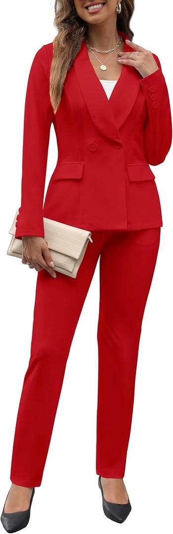 Women's Fall Business Pant Suit Long Sleeve Formal 2 Piece Blazer Set Casual Office Work Outfits 2024 (Small, Red)