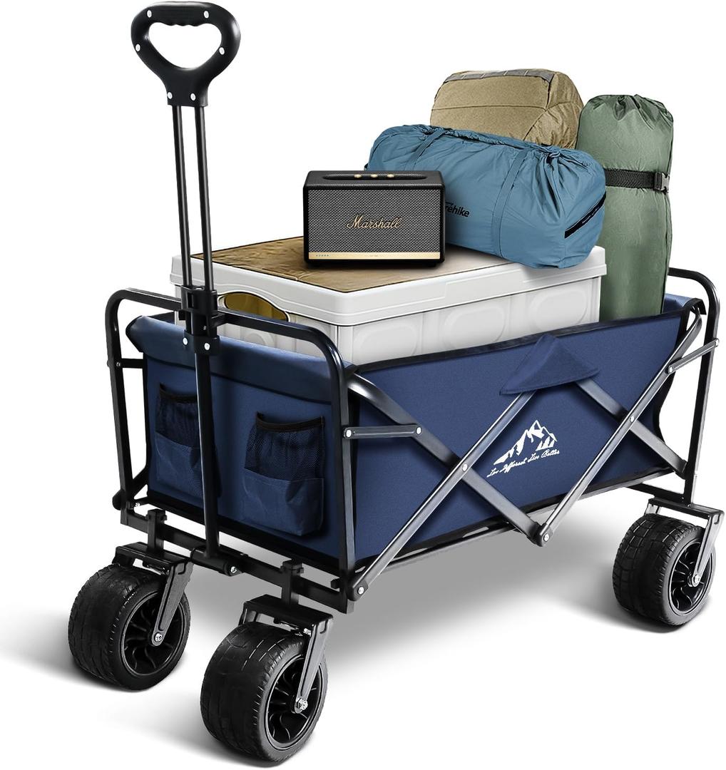 Large Collapsible Wagon Cart Heavy Duty Foldable, Large Capacity Foldable Grocery Beach Wagon for Camping Sports Shopping, Blue