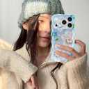 Jusy Case for iPhone 17 Pro Max, Colorful Retro Oil Painting Printed Flower Laser Blue Glossy Pattern Cute Curly Wave Phone Case Soft TPU Cover for Girly Women -Blue Flower