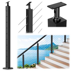 36" Aluminum Cable Railing Stair Post Perfect for Coastal Projects, 33 Drilled Stair Wire Deck Post for 28-38 Degrees Stair, Black Coating Stair Post for Cable Railing System Outdoor Seaside