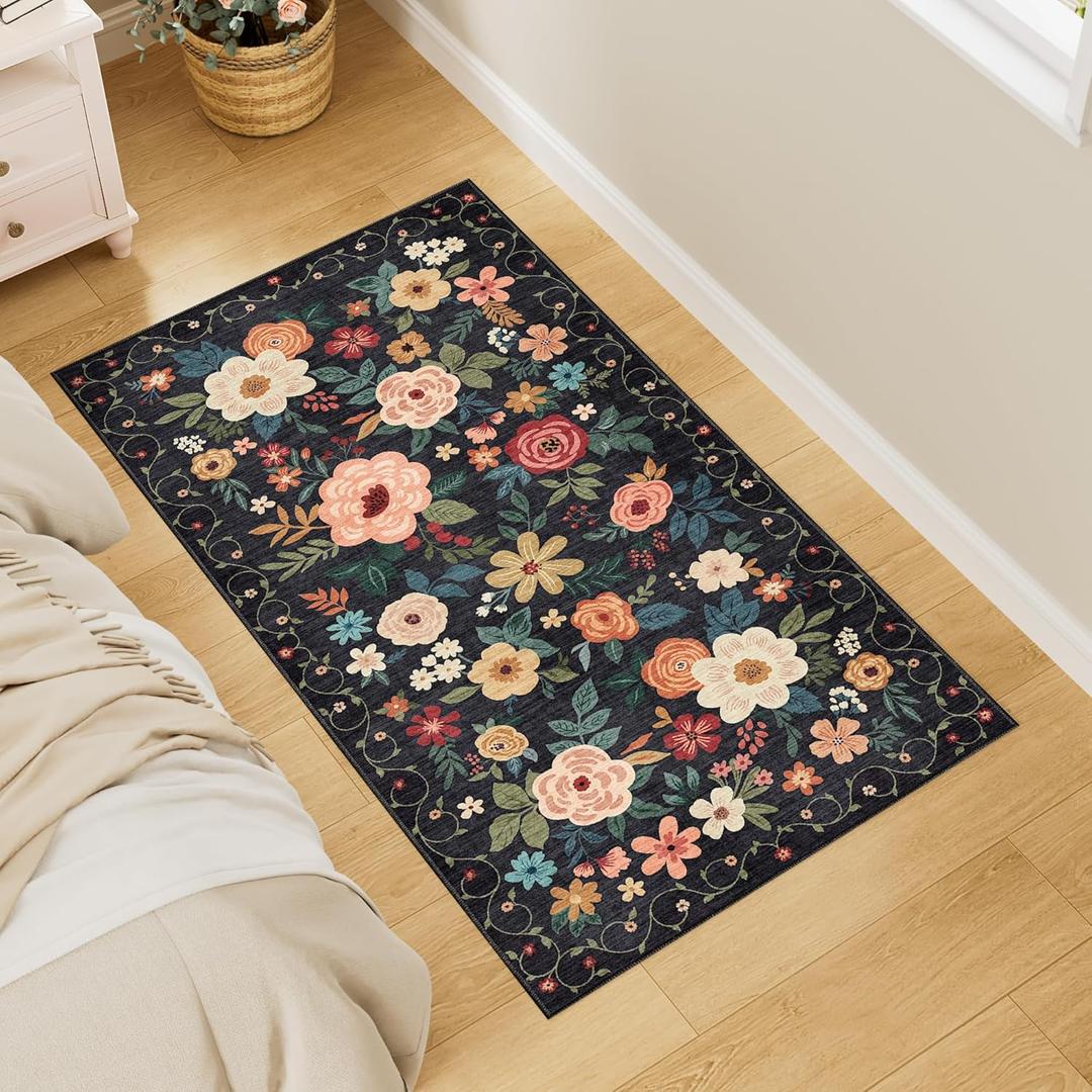 DUKINO 2x4 Rug for Entryway, Washable Kitchen Floral Runner Rug with Non Slip Backing, Low Pile Soft Boho Carpet for Kitchen, Hallway, Entryway, Laundry, Bedroom, Black