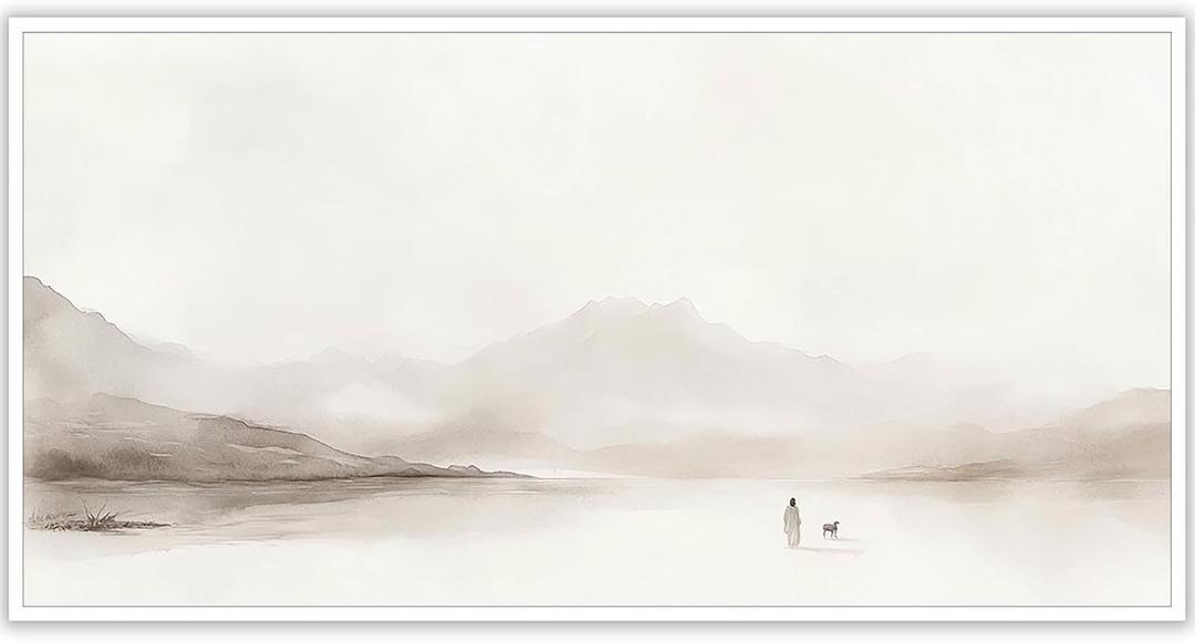 Minimalist Christ Posters Jesus Leaves The 99 Sheep Wall Art Beige Abstract Decor Vintage Jesus and Lamb Canvas Unique Christian Faith Aesthetic for Easter Prayer Living Room Decor 12x24ines Unframed