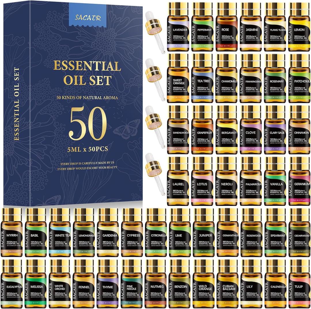 SACATR 50 Pcs Natural Essential Oil Set -Essential Oils Gift Set for Diffuser, Home Care, DIY Candle and Soap Making(50 * 5ML) (0.17 Fl Oz (Pack of 50))