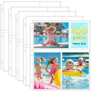 Fabmaker 100 Pack 4x6 Photo Sleeves for 3 Ring Binder - 600 Photos, Clear Album Refill Pages, Acid Free Plastic Archival Protector Sleeves, Pages Sheets for 8.5x11 Binder