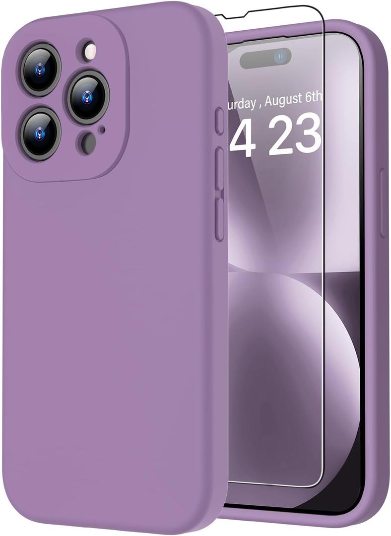 bicol for iPhone 15 Pro Case with Screen Protector,Enhanced Camera Lens Protection,Soft Liquid Silicone Slim Fit Protective Phone Cover 6.1" Light Purple