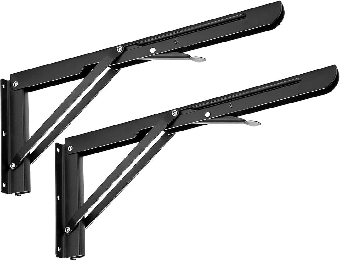 Sumnacon 2 Pcs 14 Inch Folding Shelf Brackets - Heavy Duty Metal Table Shelf Hinges, Wall Mounted Folding Shelf Support Brackets for Livingroom Kitchen Table Desk Bench Home DIY, Black