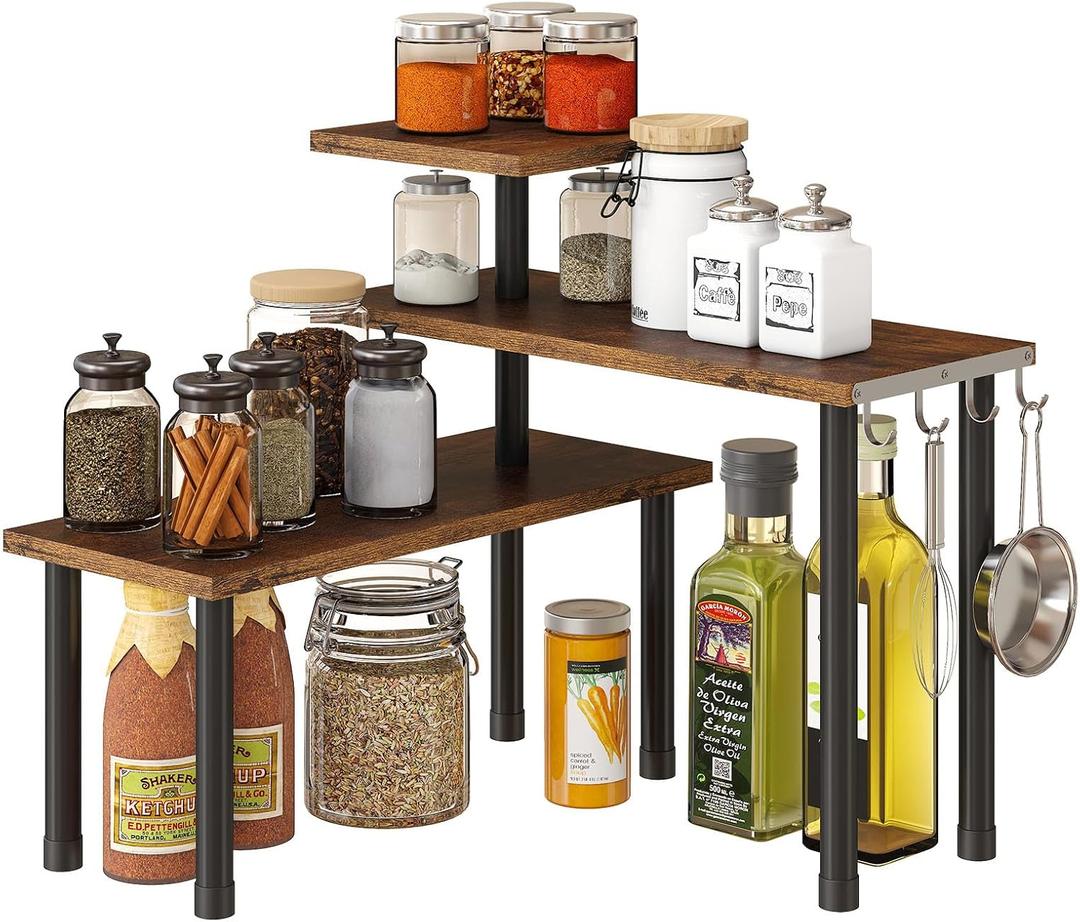 GHWIE Corner Shelf Organizer, 3 Tier Bamboo Kitchen Countertop Rack for Living Room, Office, Bookshelf Display Shelves, Space Saving Storage Shelves,Rustic Brown, 22 Inches X 22 Inches X 12 Inches