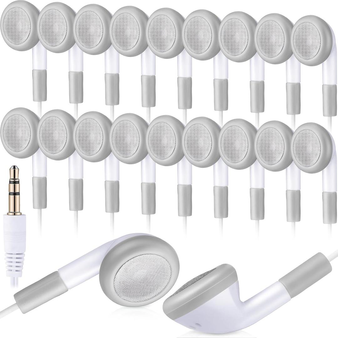 Kanayu 100 Pcs 100 Pack Earbuds Bulk Earphones for Classroom, Student Wired Earbuds Headphones Without Mic, Earphones Bulk for Adults School Library Laptop, Individually Bagged (White)