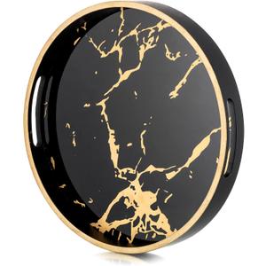 Hanobe Round Decorative Coffee Tray: Marble Black Serving Circle Tray with Handles Bar Table Trays for Living Room Drink Party Home Kitchen