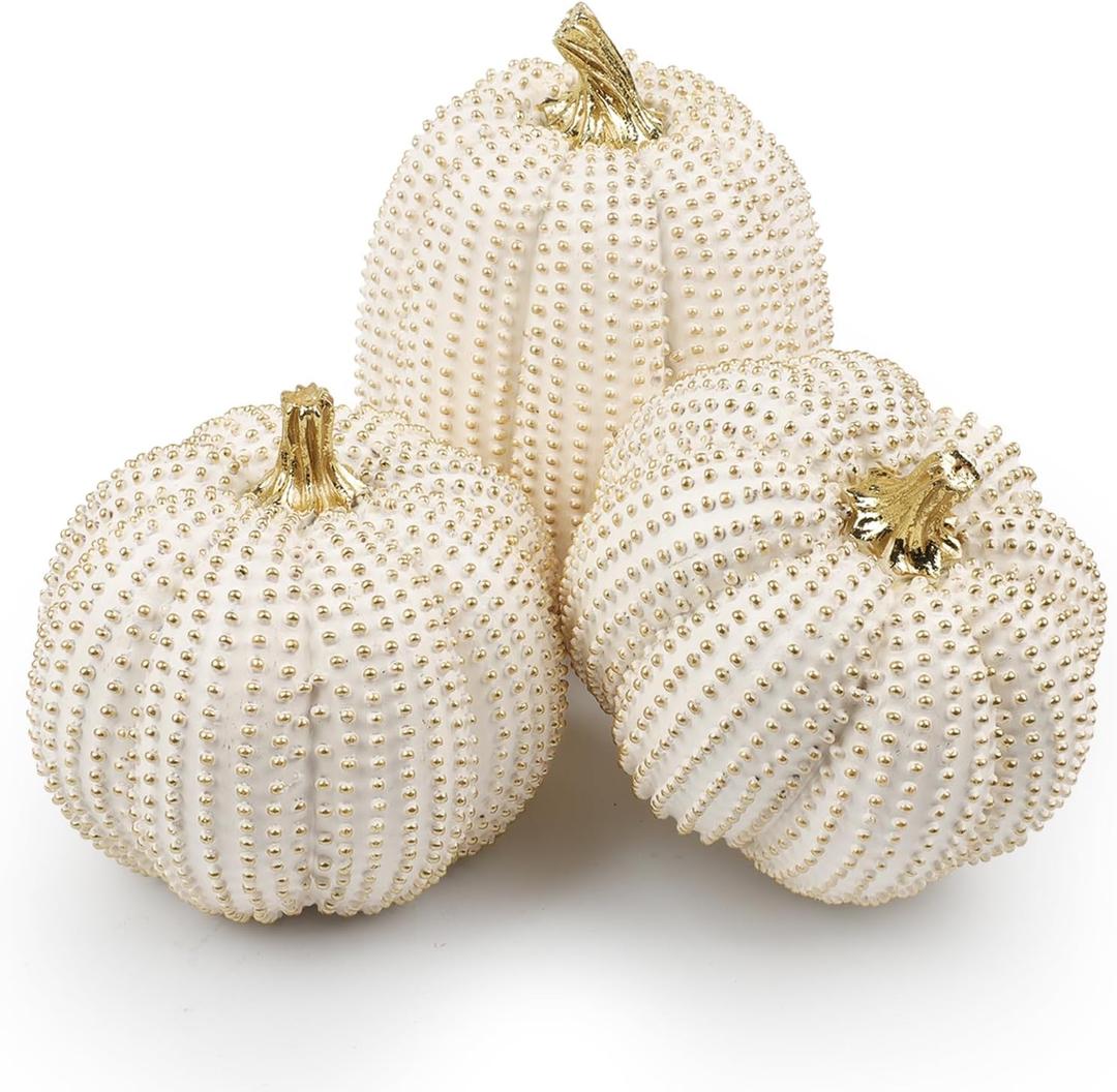 3PCS Resin Pumpkin Statues Fall Pumpkin Decor Thanksgiving Decorations White and Gold Glitter Pumpkins for Table Centerpiece for Farmhouse Fall Gift Kitchen Mantel