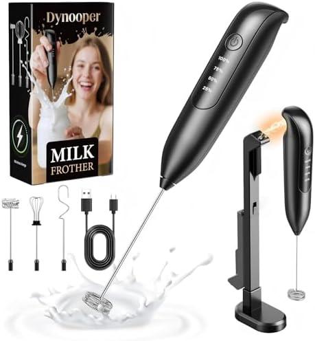 Dynooper Electric Milk Frother Handheld: Rechargeable 3 in 1 - LED Digital Display with 3 Speeds Portable Stainless Steel Drink Foam Mixer for Milk Coffee, Lattes - Starlight Black