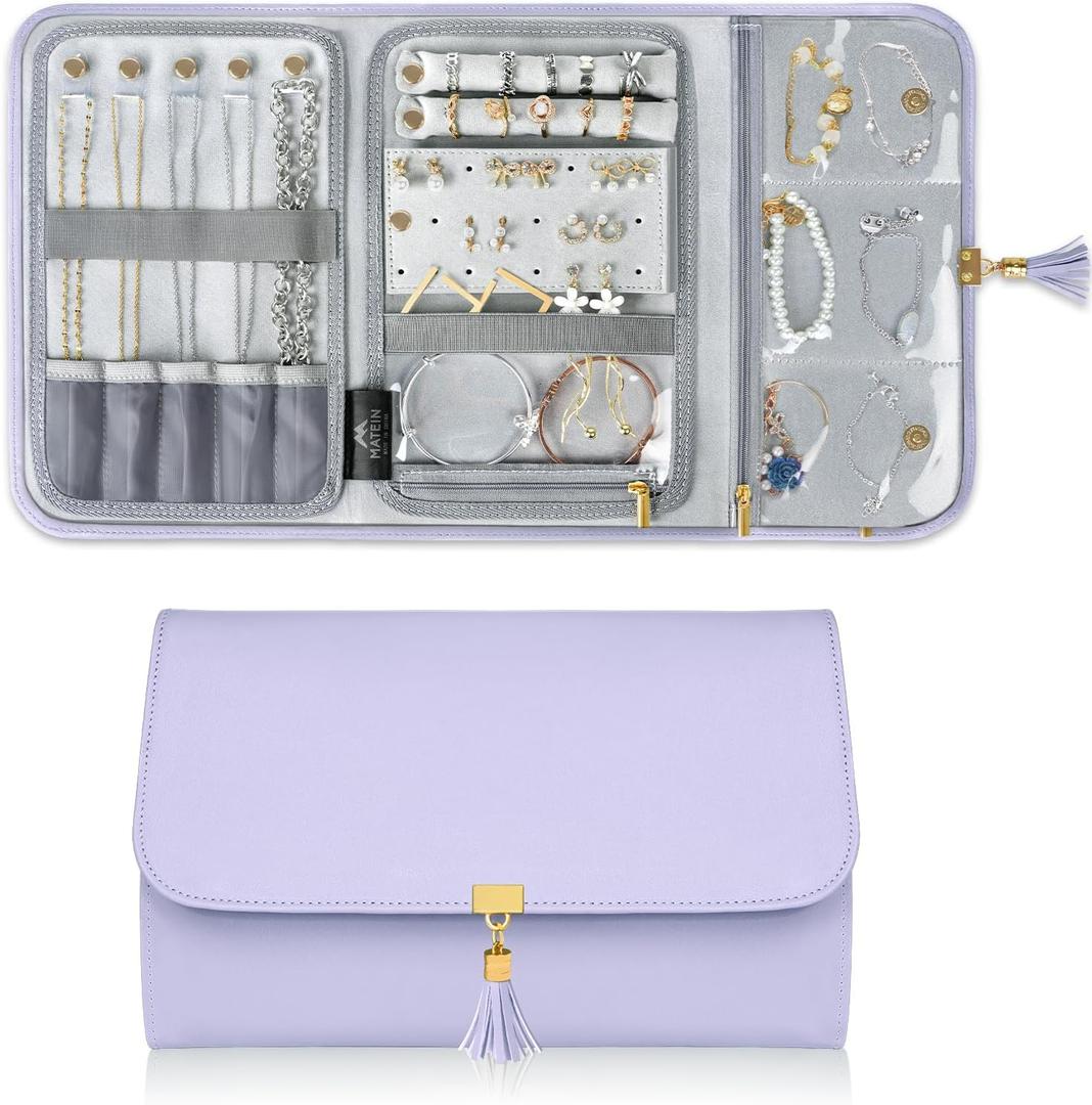 MATEIN Jewelry Organizer for Travel, Womens PU Leather Large Jewerly Holder with Tassel, Travel Necklace Earring Ring Bracelet Storage Case, Purple