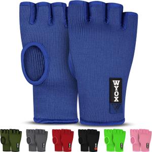 WYOX Hand Wraps Inner Gloves for Kickboxing, Hand Protection for Punching Bag Boxing Glove Liners, Muay Thai, Speed Bag Gloves, Wrist Wrap Training Gloves for Under Mitts & Elasticated (L/XL (22-26cm), Blue)