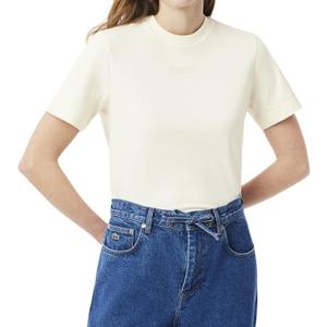 Lacoste Women's Crew Neck Short Sleeve Regular Fit Branding T-Shirt (Beige), Size 36