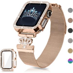 Magnetic Band Compatible with Apple Watch 38mm 40mm 41mm 42mm 44mm 45mm 46mm Stainless Steel Metal Strap with Bling Case and Built-in Screen Protector, Dressy Milanese Loop iWatch Bands for Women (Rose Gold)