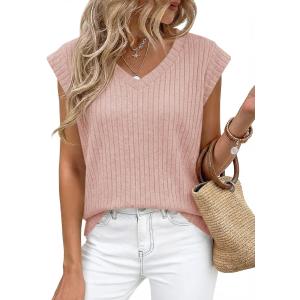Cicy Bell Womens Ribbed Cap Sleeve Tank Tops V Neck Knit Summer Casual Shirts Lightweight Pullover Sweater Vest (Pink, S)