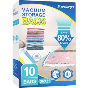 10 Pack Small Vacuum Storage Bags with Hand Pump, Plastic Packaging Bags, 80% Space Saver Vacuum Seal Bags for Clothing, Travel Lugggage, Blankets, Comforters