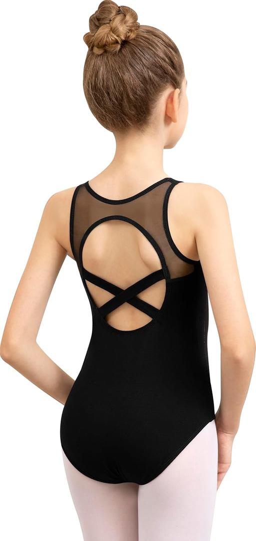 Girls Dance Leotard Camisole Mesh Dancewear,Pinch V-Front,Mesh Straps Splicing,Full Front Lining (7-8 Years, Black)