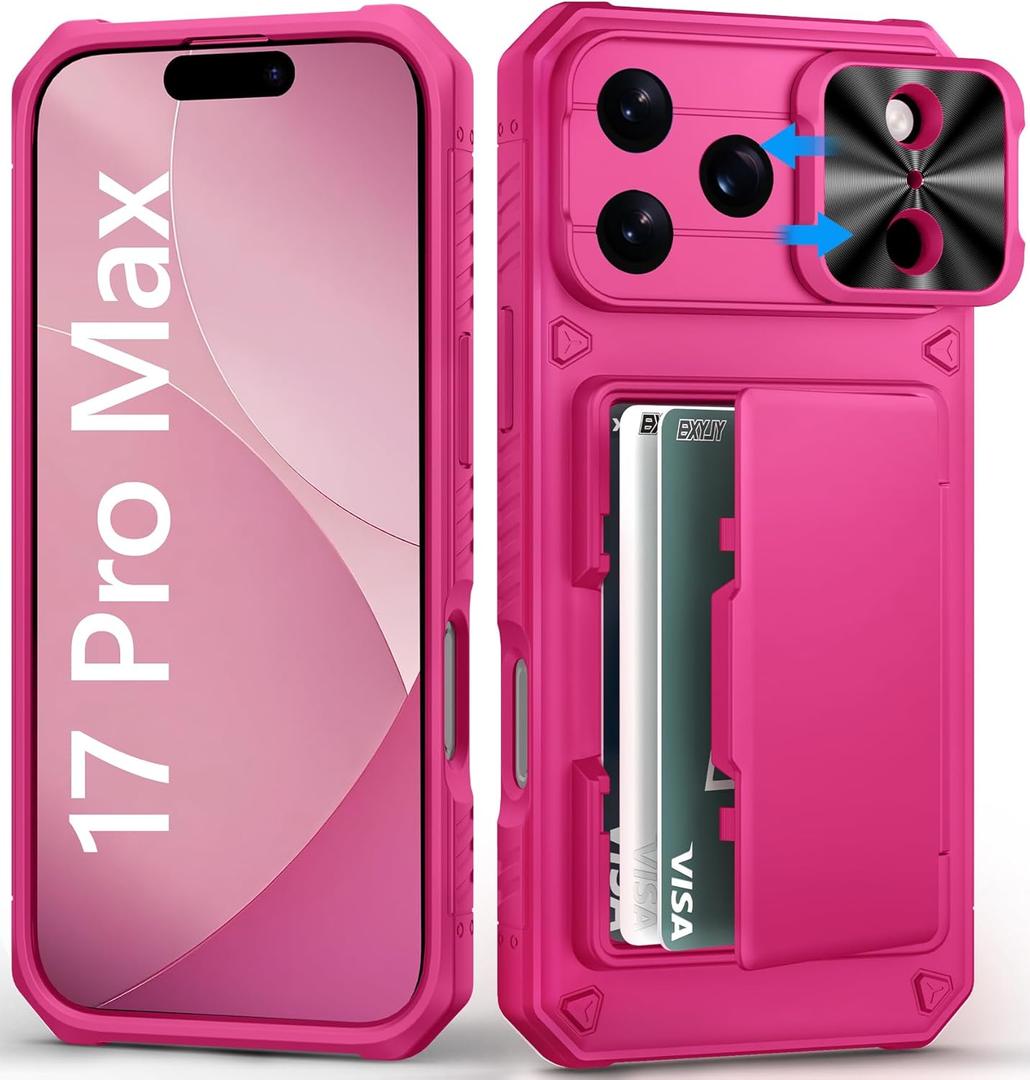 for iPhone 17 Pro Max Wallet Case with Card Holder (4-5 Cards), Slide Camera Cover, Military Drop Protection, Rugged Women Girly Men Protective Phone Case for iPhone 17 Pro Max 6.9", Hot Pink
