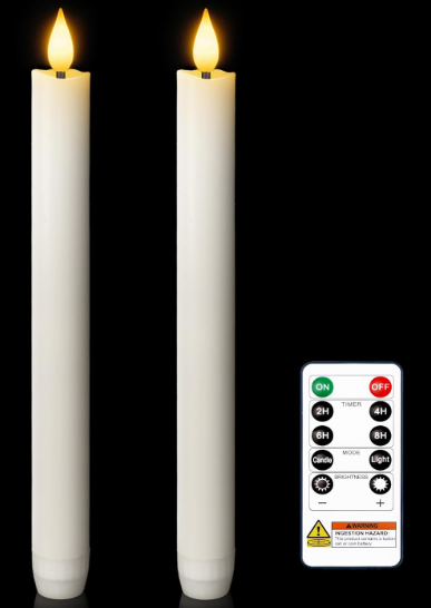 Homemory 2 Pcs Waxy Flameless Taper Candles with Remote, Flickering Battery Operated Taper Candles, Led Flameless Candlesticks Classic Tall Candle for Home, Wedding, Party, White, 9.6 inches