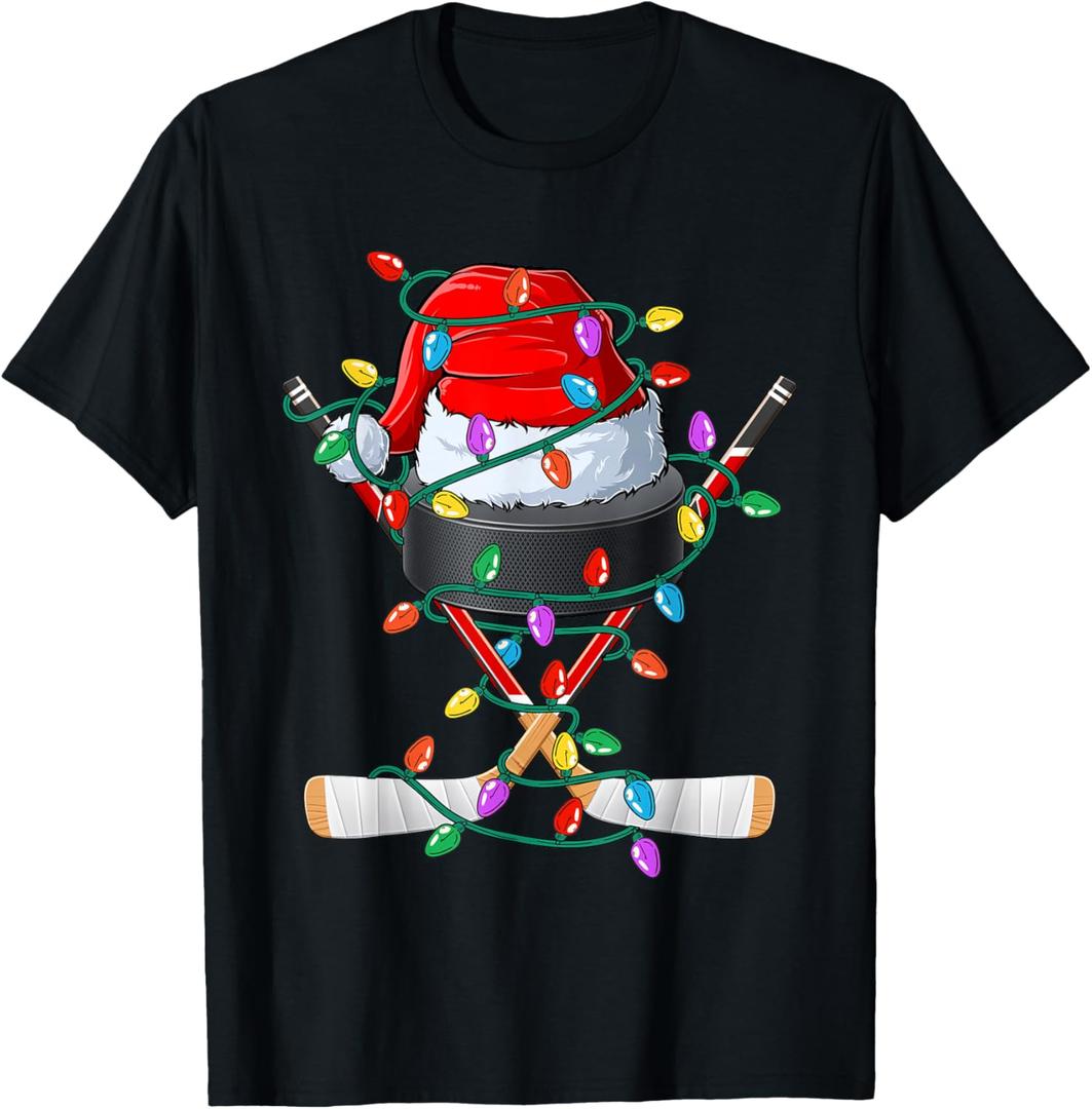 Christmas Hockey Xmas Santa Sports Hat Ball Kids Boys Men T-Shirt Small