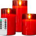 LUSHABOR Christmas Flameless Candles, Red Glass Battery Operated Candles with Remote, Real Wax LED Flickering Flameless Christmas Candles Home Party D3 H4 5" 6", Set of 3-Red