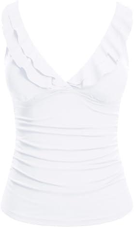Yonique Women's Tankini Top Only Tummy Control Bathing Suit Top Ruffle Swimsuit Top V Neck Swim Tank Top No Bottom Size M