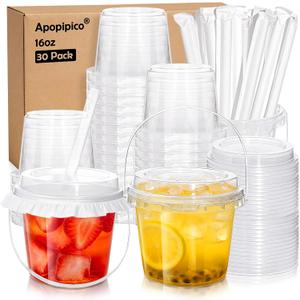 30Set 16OZ Clear Plastic Cups with Lid and Straw, Reusable Beverage Bucket with Handle & Seal Paper for Ice Cream, Iced Coffee, Smoothie, Sturdy Food Safe Party Cups for Birthday, Picnic, Beach Party