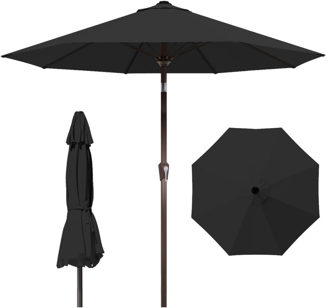 10FT Patio Umbrella Outdoor Market Umbrella with Crank and Tilt, 8 Flexible Fiberglass Ribs, UV-Resistant Waterproof Canopy for Patio, Deck, Garden, Backyard, Black
