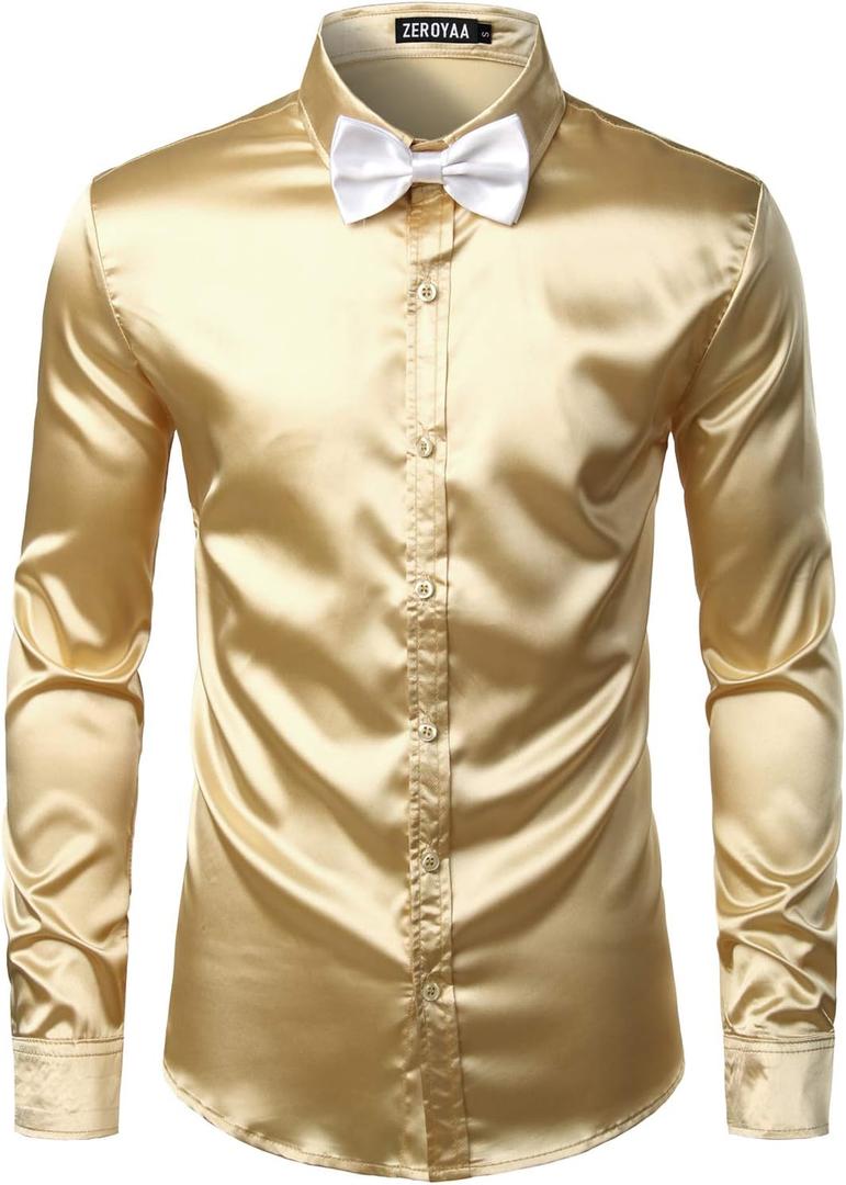 ZEROYAA Men's Luxury Shiny Silk Like Satin Button Up Dress Shirts (3X-Large, Champagne)