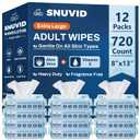 Adult Wipes for Elderly - 720 Count Extra Large 8"x13" Disposable Washcloths Rinse Free Bathing Wipes for Incontinence & Bedridden Care - Thick, Soft & Unscented with Aloe & Vitamin E (12 Packs of 60)