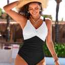 Pink Queen Women One Piece Swimsuit 2026 Patchwork Twist Front V Neck Ruched Tummy Control Swimwear Bathing Suits, Large